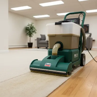 A powerful Bissell Big Green Professional Carpet Cleaner being used on a heavily stained carpet, effectively removing pet urine. 