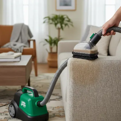 Bissell Little Green portable carpet cleaner actively cleaning a sofa armrest, showcasing its compact size and effective stain removal