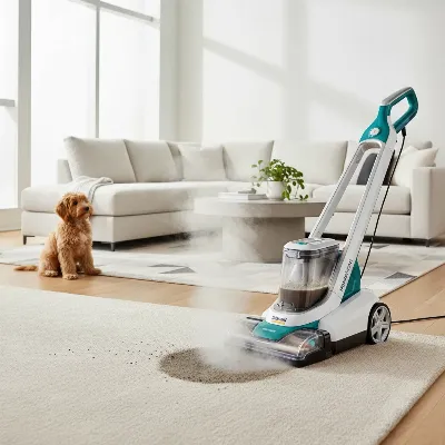 Bissell Revolution HydroSteam Pet Carpet Cleaner in action, deep cleaning a carpet in a modern living room setting, removing pet stains.