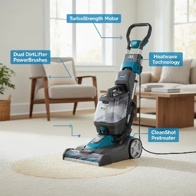 Bissell ProHeat 2X Revolution carpet cleaner highlighting its features like dual brushes and cleaning modes.