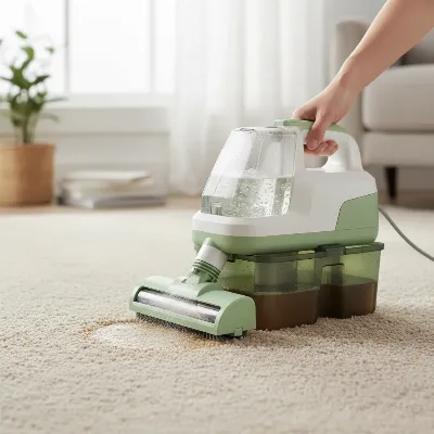 A compact, budget-friendly portable carpet cleaner being used to spot clean a small stain on a light-colored carpet.