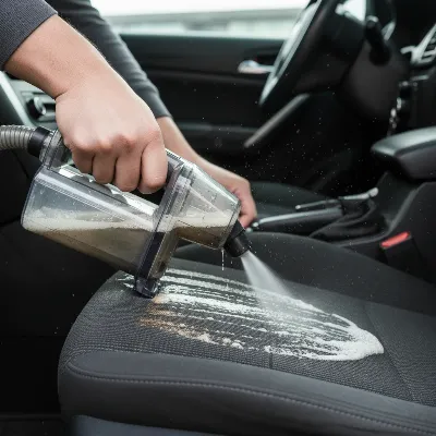 A person effectively cleaning a car seat with a portable carpet cleaner, demonstrating the spray, scrub, and extract technique.