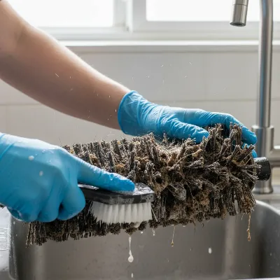 Cleaning a carpet cleaner's brush roll to remove tangled hair and grime.