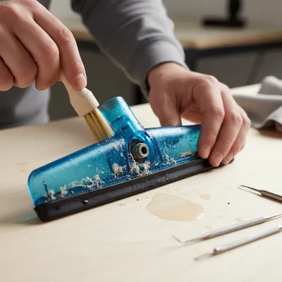 A person using a small brush to clean a clogged nozzle of a carpet cleaner, ensuring all debris is removed. The cleaner is disassembled with the nozzle visible.