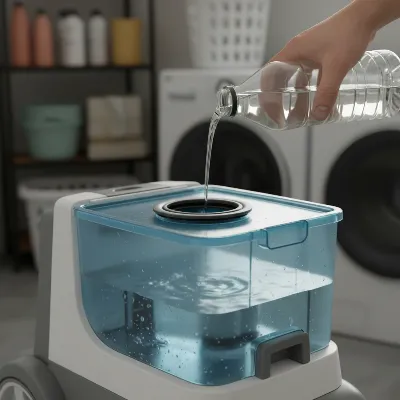 White vinegar being poured into a carpet cleaner tank for descaling
