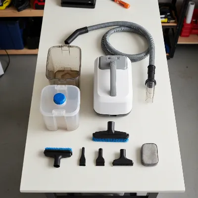 A disassembled portable carpet cleaner with its tanks, hose, and attachments laid out on a clean surface, ready for mold removal.