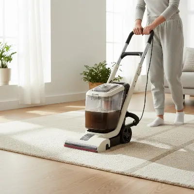 A user performing dry passes with a carpet cleaner over a beige rug, showing extracted dirty water in the tank.