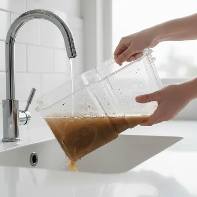 A person cleaning a carpet cleaner's dirty water tank after use, rinsing it thoroughly.