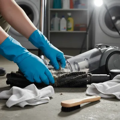 A person diligently cleaning the brush roll of an upright carpet cleaner after use, demonstrating proper maintenance to remove pet hair and debris in a well-lit utility room setting.