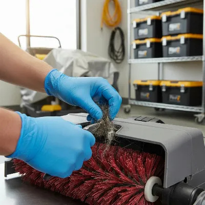 A person cleaning the brush roll of a commercial carpet cleaner, highlighting proper maintenance.