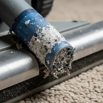 Close-up of a carpet cleaner's spray nozzle clogged with dried residue.