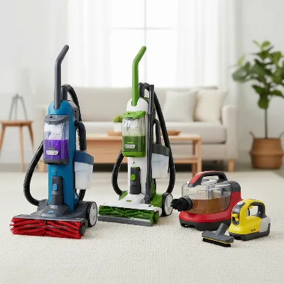 A side-by-side comparison of four different carpet cleaners, highlighting features for pet stain removal on a plush, light-colored carpet in a modern living room setting. The image should convey precision and efficacy in cleaning tools.