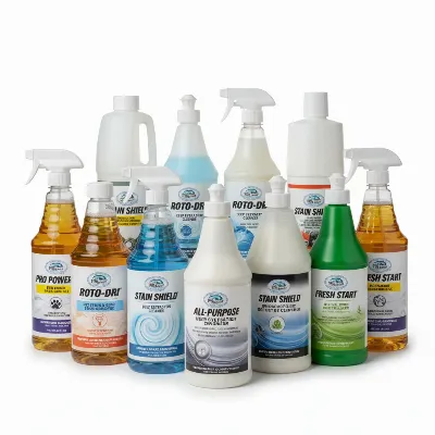 Various types of commercial carpet cleaning solutions bottles arranged neatly, emphasizing variety and specialty.
