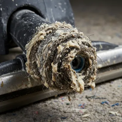 Close-up of a clogged carpet cleaner spray nozzle showing debris and residue