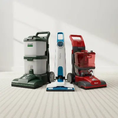 A side-by-side comparison of three distinct carpet cleaner models from top brands: a Bissell Big Green, a Tineco Carpet One, and a Hoover PowerScrub Deluxe, against a clean carpet backdrop.