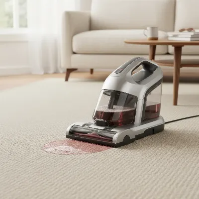 A cordless carpet cleaner tackling a small red wine spill on a light-colored carpet in a modern living room.