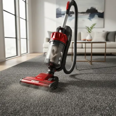 A red Dirt Devil Endura upright vacuum cleaner actively cleaning a plush gray carpet in a modern living room setting, seen from a low angle with natural light.