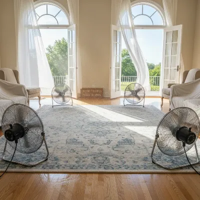 A living room with fans running, windows open, and a carpet drying after cleaning, emphasizing effective ventilation.