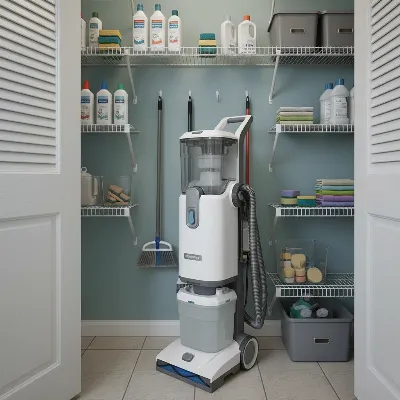 A clean and fresh carpet cleaner stored neatly in a utility closet.