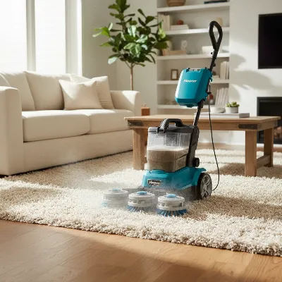Hoover PowerScrub Deluxe upright carpet cleaner actively cleaning a plush, thick rug in a cozy living room, highlighting its SpinScrub brush system
