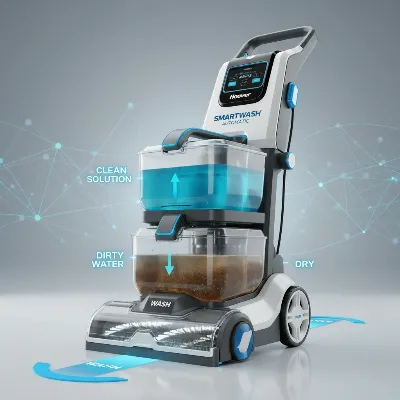 Hoover SmartWash carpet cleaner showing its automatic features and dual tank system