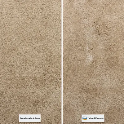 Comparison of Hoover Power Scrub Deluxe and a competitor carpet cleaner side-by-side on two separate stained carpet sections, highlighting cleaning effectiveness.