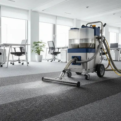 Powerful hot water extraction carpet cleaner in a modern office, deep cleaning plush grey carpet.