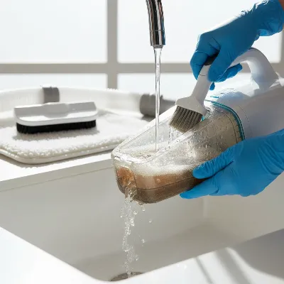A person cleaning the dirty water tank of a cordless carpet cleaner, with other cleaned parts air-drying in the background.