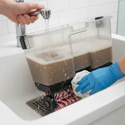 A person performing maintenance on a Rug Doctor Pro Deep Carpet Cleaner, cleaning the tanks and brush roll after use.