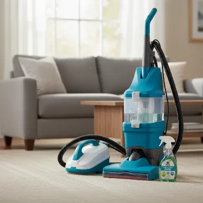 Various types of carpet cleaners for pet urine, including upright and portable models, with cleaning solutions