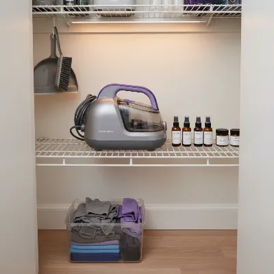 A portable carpet cleaner neatly stored in a small apartment closet.