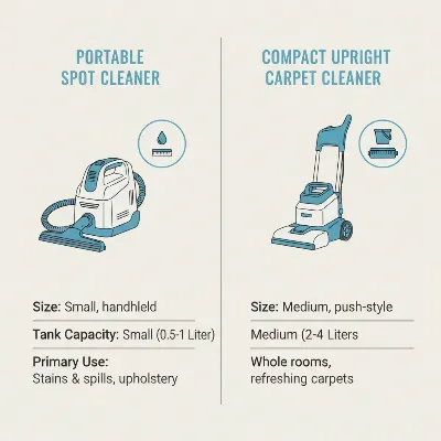Infographic comparing portable spot and compact upright carpet cleaners' features.
