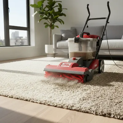 Rug Doctor Pro Deep Carpet Cleaner in action, scrubbing and removing dirt from a residential carpet.