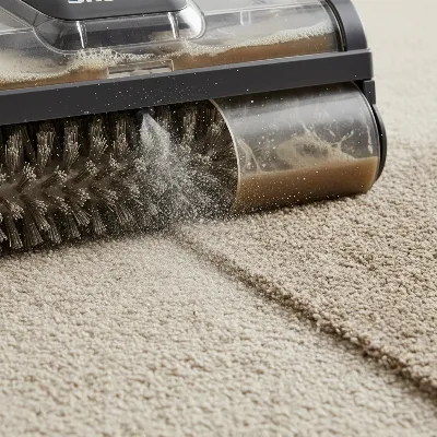 A close-up view of the Shark CarpetXpert's brushroll actively cleaning a carpet, showing water spray and extraction.