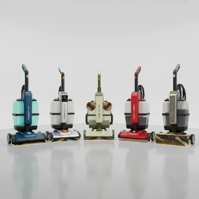 A visual lineup of five distinct upright carpet cleaners for thick rugs, showcasing their design variations and features in a professional product shot
